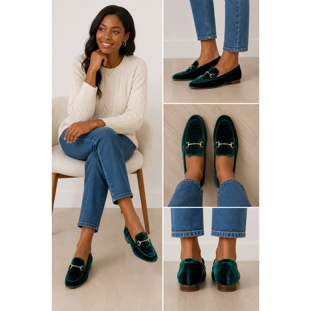 J.Crew Green Velvet Horsebit Loafers Emerald Green Flats Womens 8‎